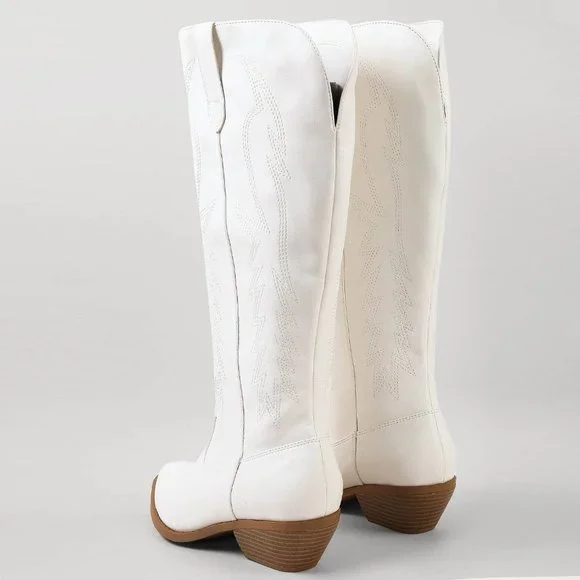 NEW🔥 White Pull On Embroidered Cowboy Cowgirl Western Knee High Boot Block Heel - Picture 4 of 4